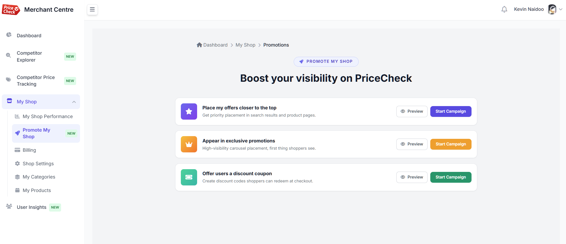 PriceCheck Merchant Centre - Shop management dashboard